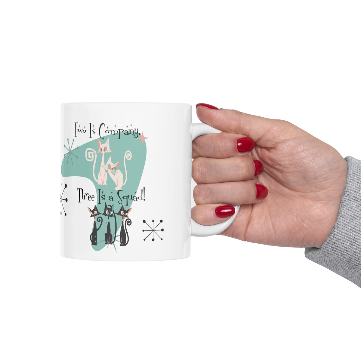 Three Is A Squad, Cat Mom, Best Friends Coffee Mug, Kitschy Cute Atomic Kitties Ceramic Mug 11oz - Mid Century Modern Gal