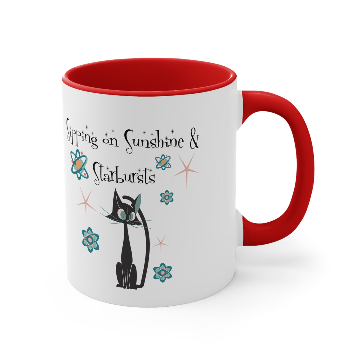Atomic Cat Coffee Mug, Sipping On Sunshine, Mid Century Modern Style, Atoms, Starbursts Gifts For Couples, Mom, Mid Mod Friend - Mid Century Modern Gal