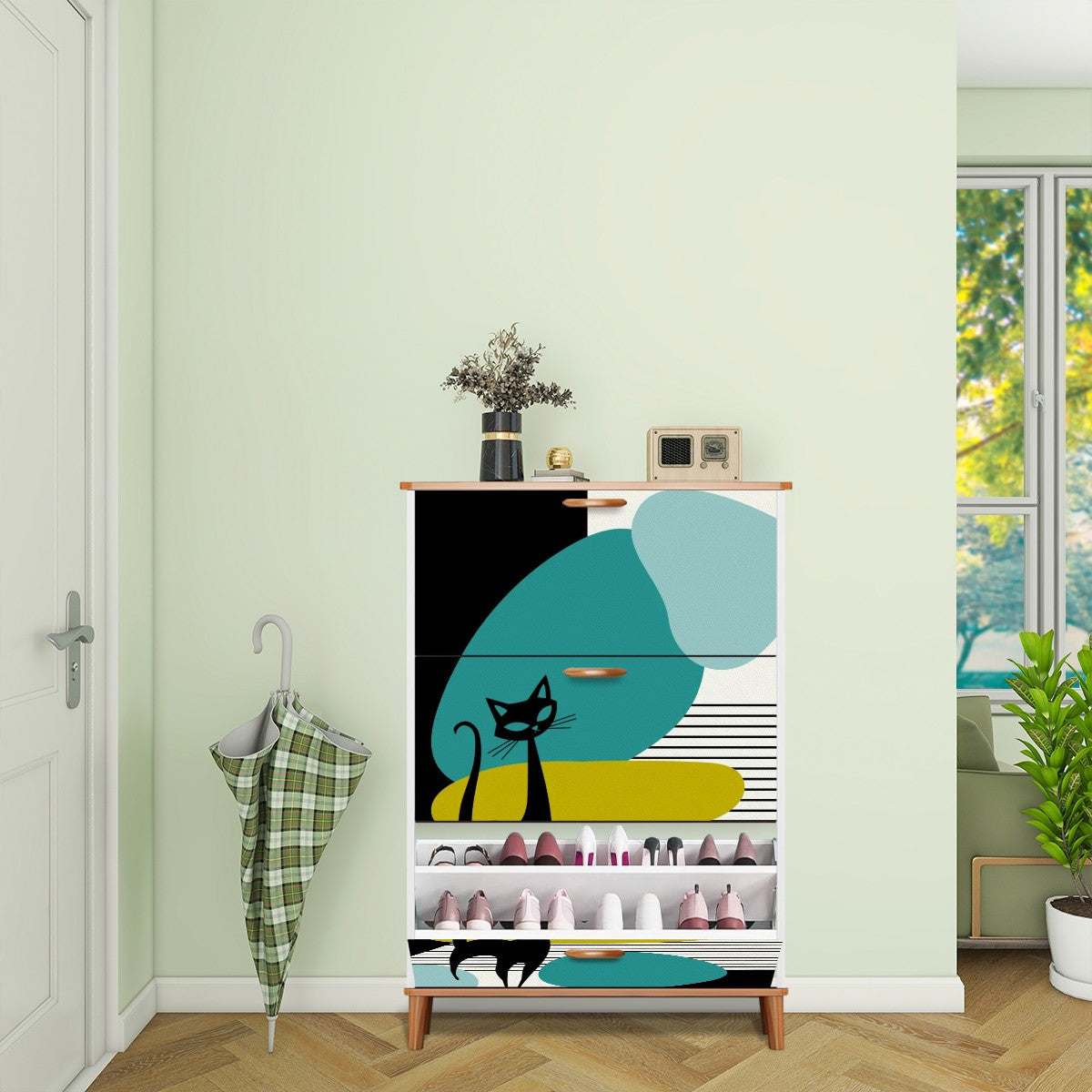 Mid Century Modern Shoe Cabinet, Atomic Cat Amoeba Designed Retro Shoe Storage