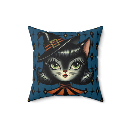 Vintage Halloween Black Cat Sexy Sexton Mid Century Modern Blue Pillow Cover and Insert - Mid Century Modern Gal