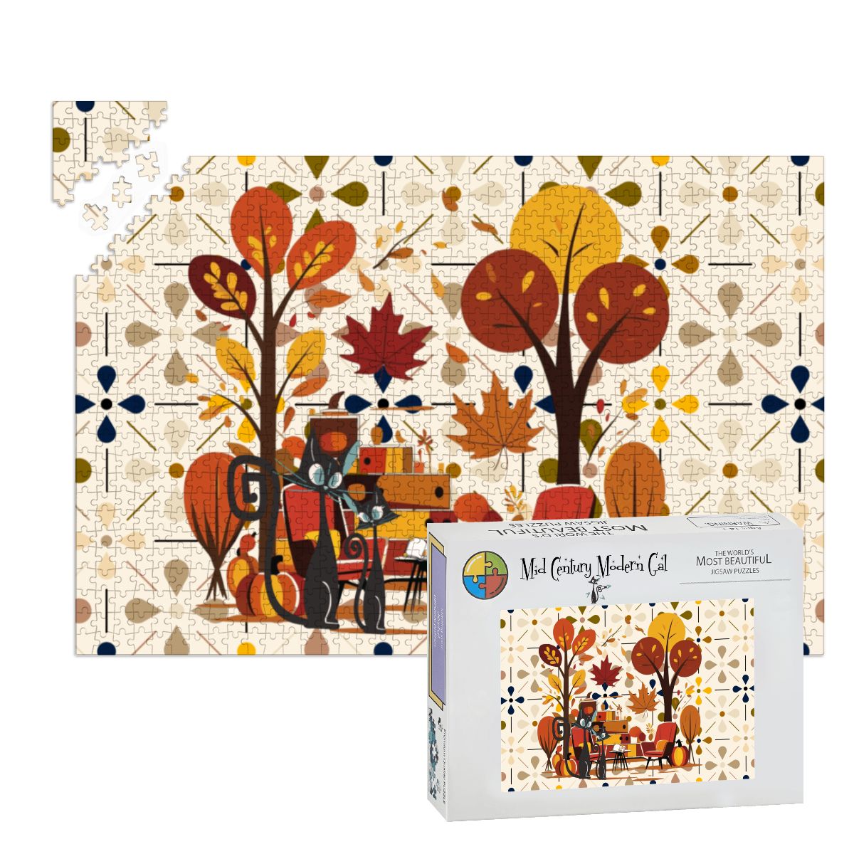 Atomic Cat Wooden Jigsaw Puzzle In Modern Scandinavian Floral Harvest Decor - Mid Century Modern Gal