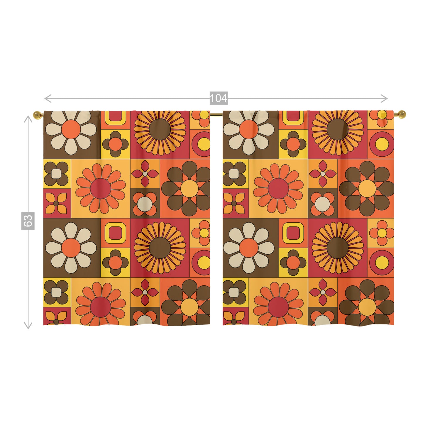 70s Flower Power Retro Orange Brown Yellow Mid Mod Window Curtains (two panels) - Mid Century Modern Gal