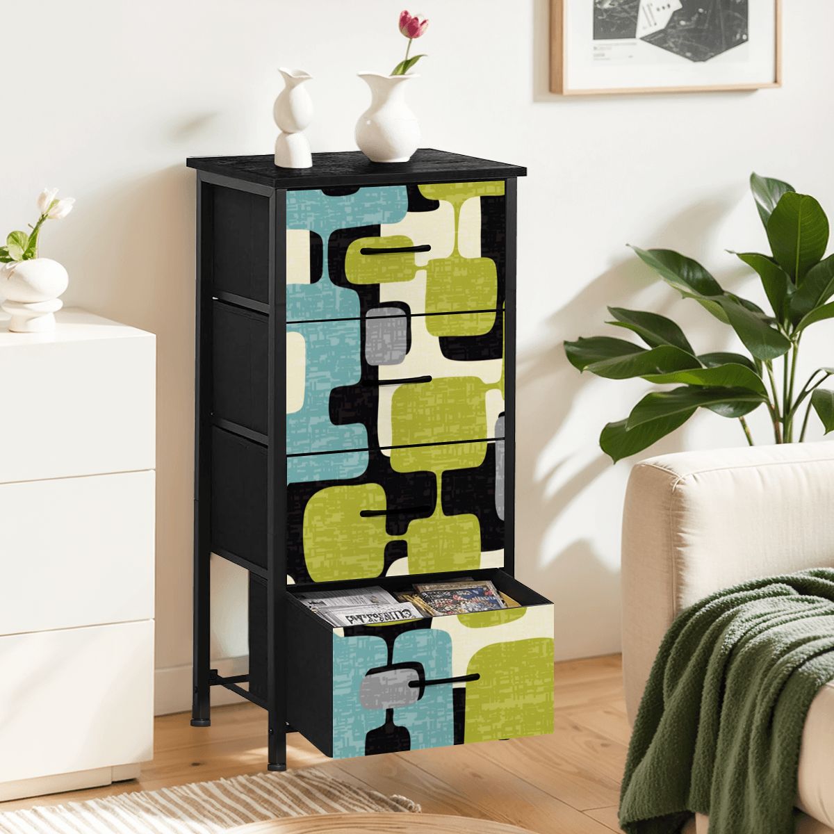 Mid Century Modern Geometric Designed Mod Teal Green 4-Drawer Dresser - Mid Century Modern Gal