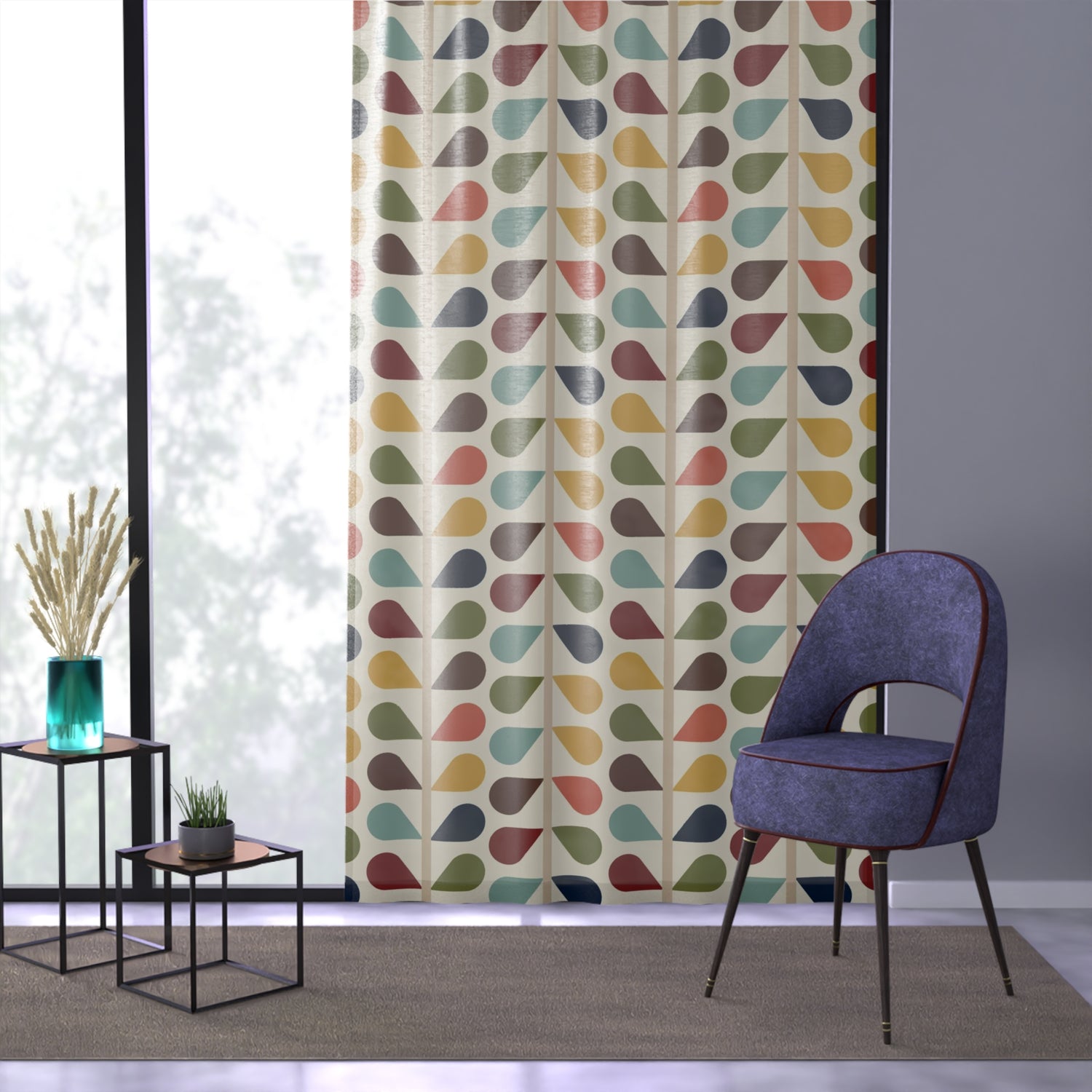 Modern Danish, Scandinavian Flower Design, Minimalist, Mid Century Modern Custom Curtains, Green, Yellow, Orange, Aqua Blue, Retro Mod Sheer Curtain - Mid Century Modern Gal