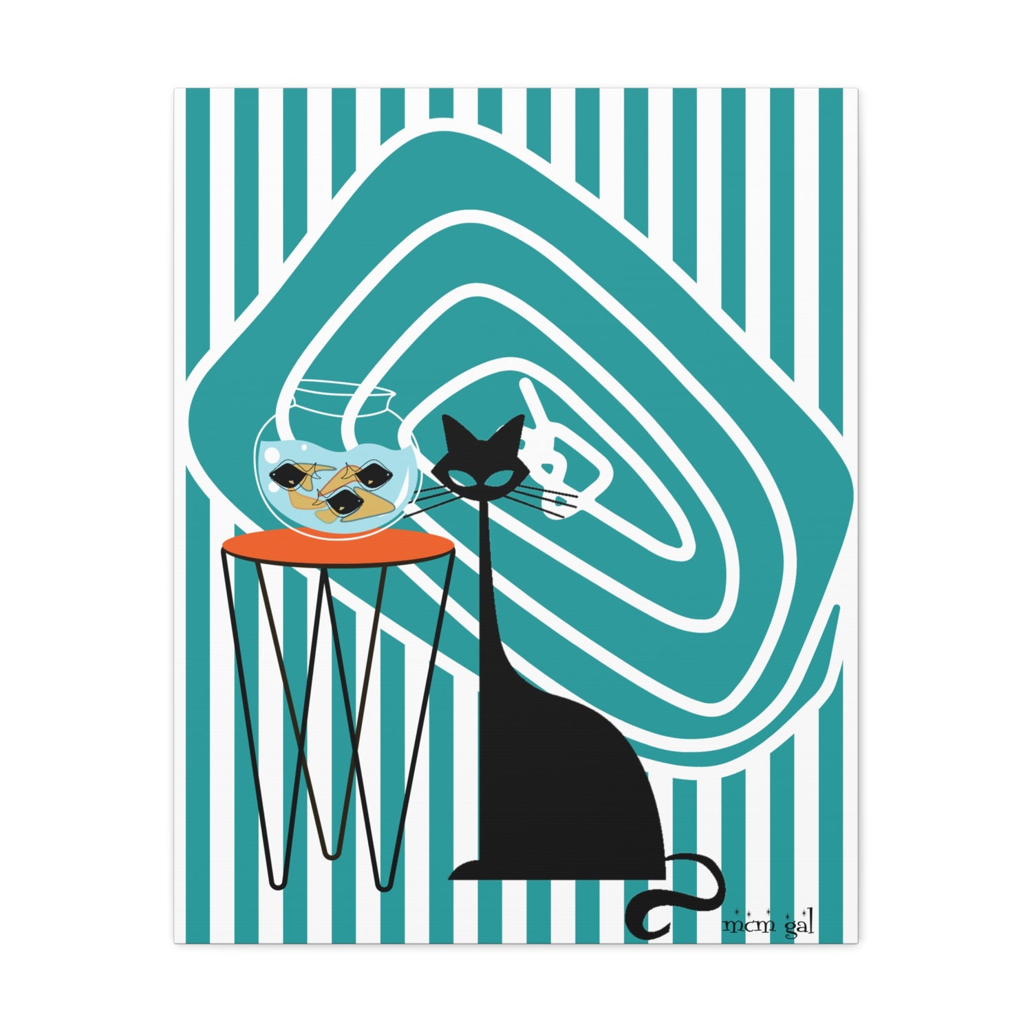 Atomic Fish Art, Mid Century Modern Striped, Teal Kitschy Cat Art - Mid Century Modern Gal