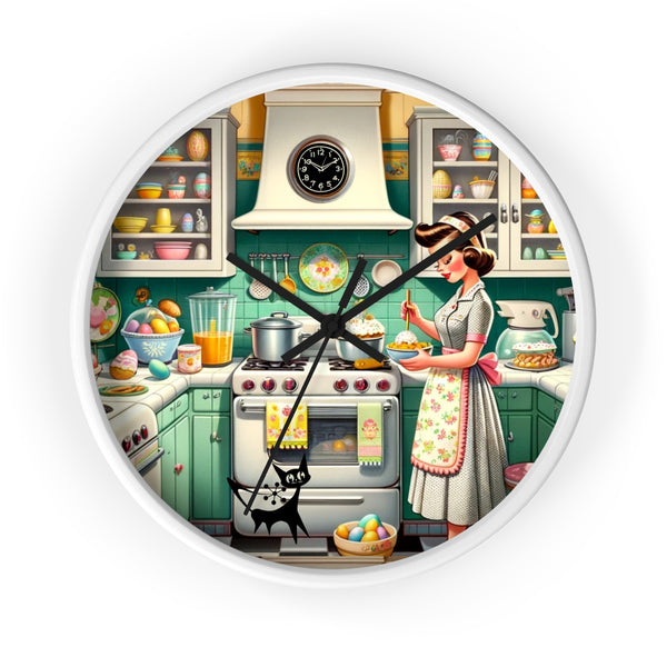 Vintage Kitschy Designed Mid Mod Gal Atomic Cat, Spring  Wall Clock with Retro Cooking Design