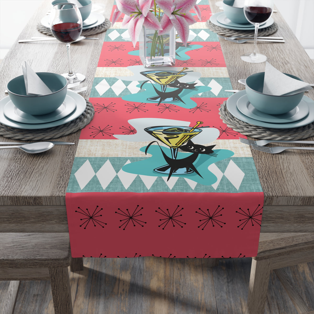 Atomic Martini Cat, Mid Mod Coral, Aqua, Starbursts Mid Century Modern Barware Table Runner - Mid Century Modern Gal