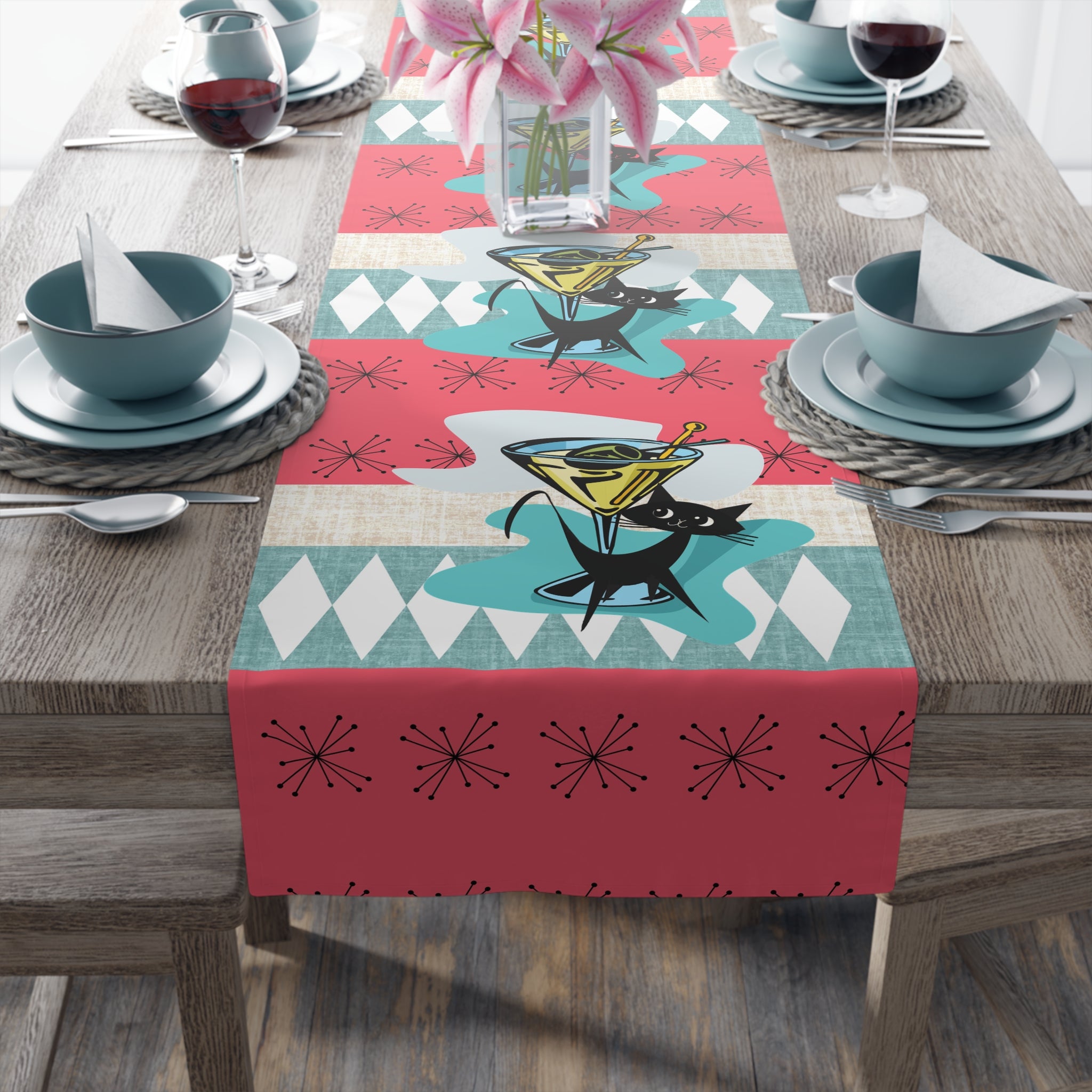 Atomic Martini Cat, Mid Mod Coral, Aqua, Starbursts Mid Century Modern Barware Table Runner - Mid Century Modern Gal