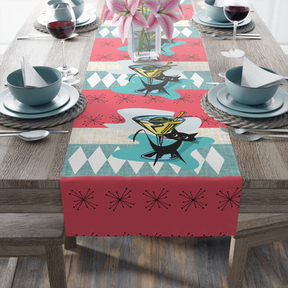 Atomic Martini Cat, Mid Mod Coral, Aqua, Starbursts Mid Century Modern Barware Table Runner - Mid Century Modern Gal