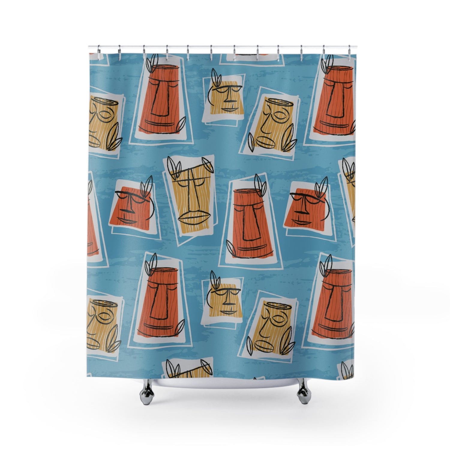Mid Century Modern Tiki Man, Retro Blue, Yellow, Terracotta Shower Curtain - Mid Century Modern Gal