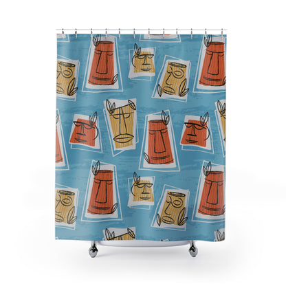 Mid Century Modern Tiki Man, Retro Blue, Yellow, Terracotta Shower Curtain - Mid Century Modern Gal