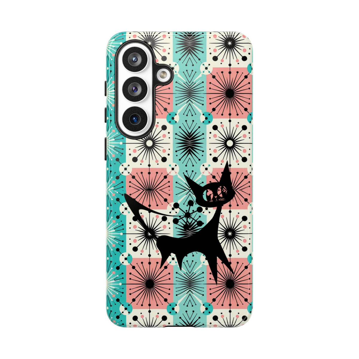 Atomic Kitschy Cat, Mid Century Modern Pink, Aqua Starbursts Tough Phone Case