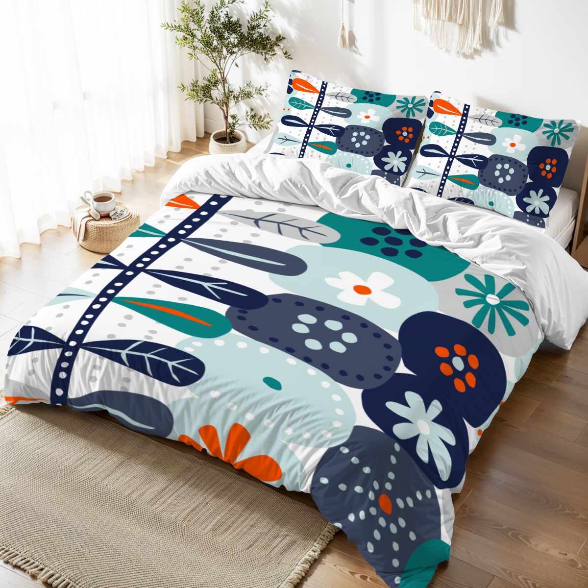 Scandinavian Floral Mid Century Modern Nordic Danish Blue, Teal Orange Queen Duvet Cover Set - Mid Century Modern Gal