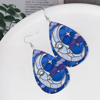 Halloween Stained Glass Style Night Sky Moon Stars Clouds Vegan Leather Teardrop Earrings - Mid Century Modern Gal