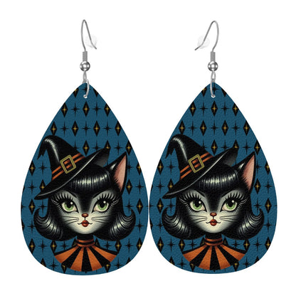 Vintage Halloween Black Cat Sexy Sexton Mid Century Modern Blue Vegan Leather Teardrop Earrings - Mid Century Modern Gal