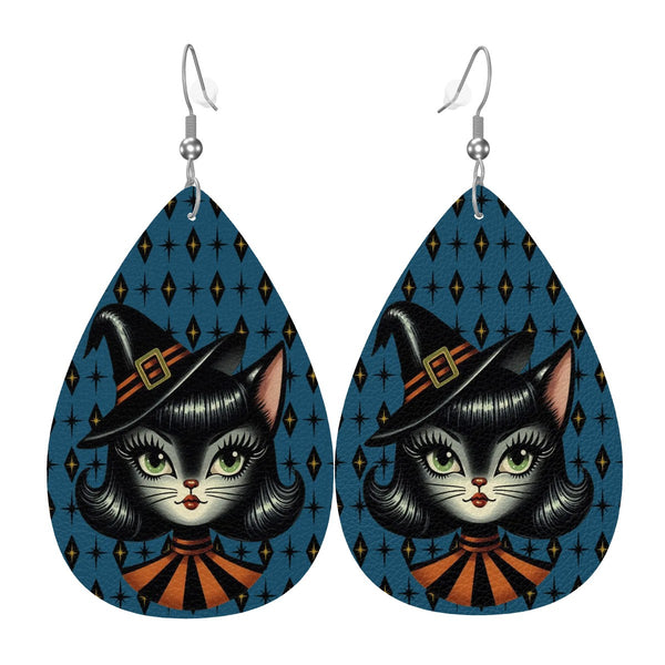 Vintage Halloween Black Cat Sexy Sexton Mid Century Modern Blue Vegan Leather Teardrop Earrings