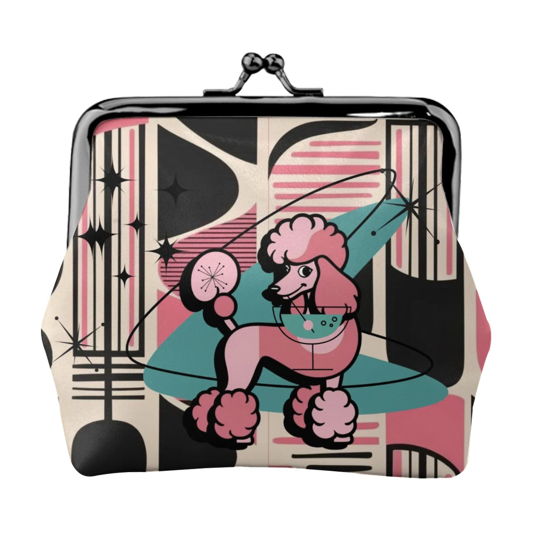 50s Poodle Kitschy Mod Black, Pink Atomic Boomerang Coin Purse - Mid Century Modern Gal