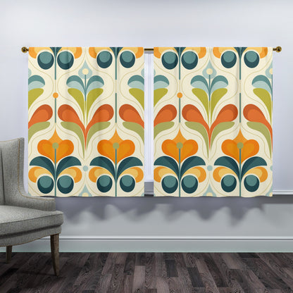 Scandinavian Flower Design, Orange, Green Blue Mid Century Modern Window Curtains (two panels) - Mid Century Modern Gal