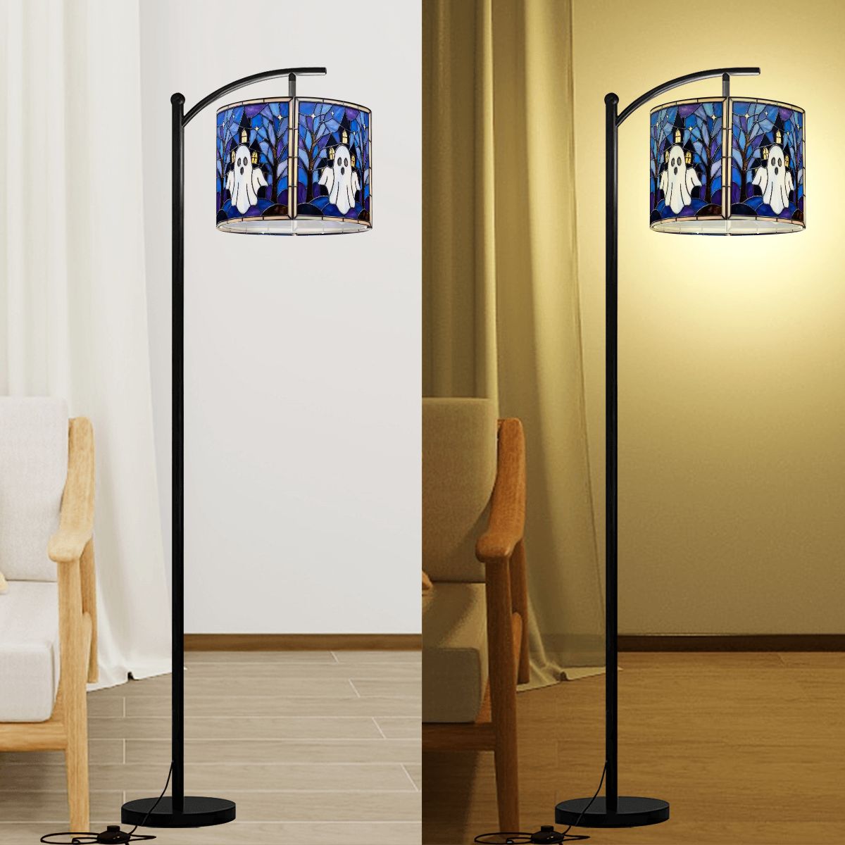 Halloween Stained Glass Style Ghost Haunted House Lamp SHADE ONLY - For Arc Floor Lamps Only