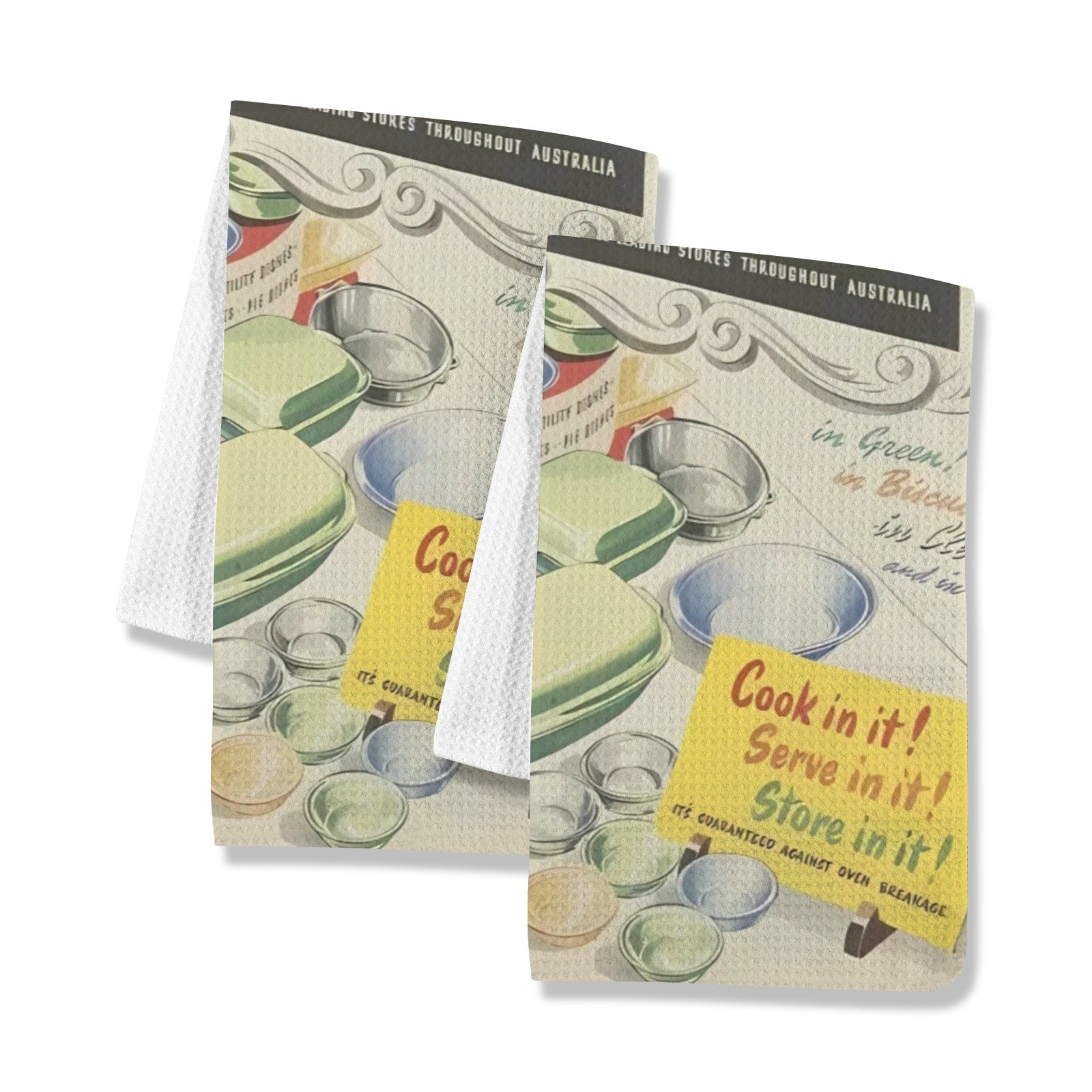 Vintage Pyrex Collector Kitschy Retro Pyrex Ad Kitchen Towel Set - Mid Century Modern Gal