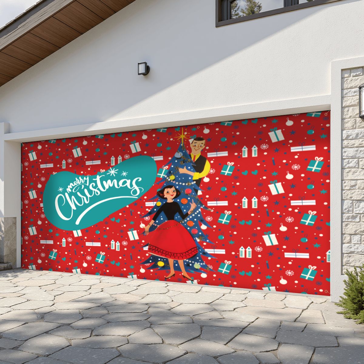 Mid Century Modern Christmas Kitschy 50s Garage Door Banner Backdrop - Mid Century Modern Gal