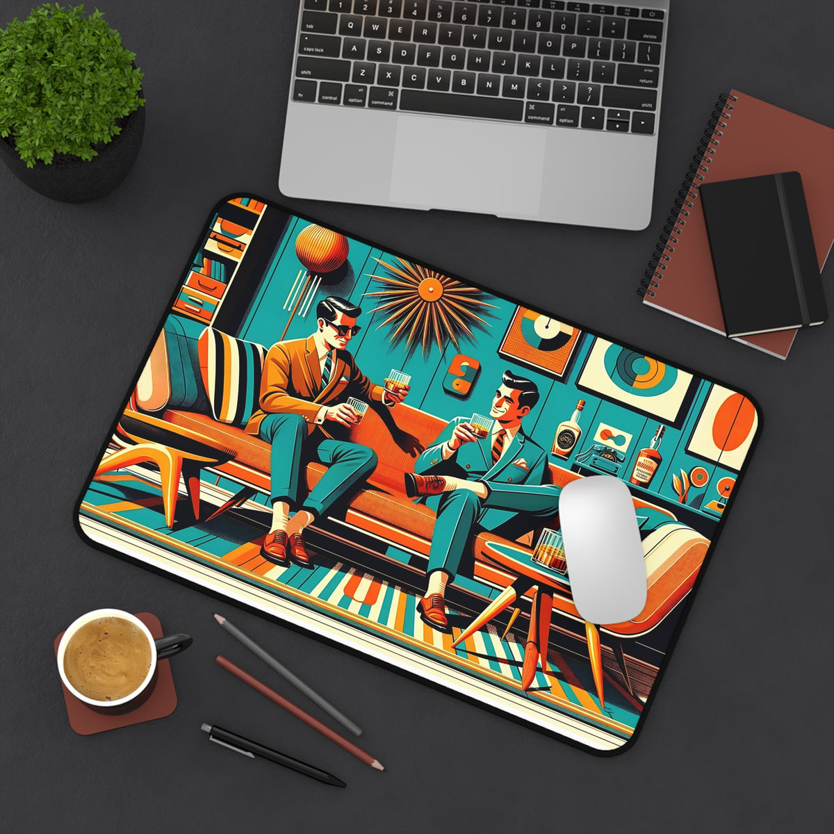 Dapper Dudes Bourbon Drinkers Stylish Retro Desk Mat - Vintage Vibe for Home Office - Mid Century Modern Gal