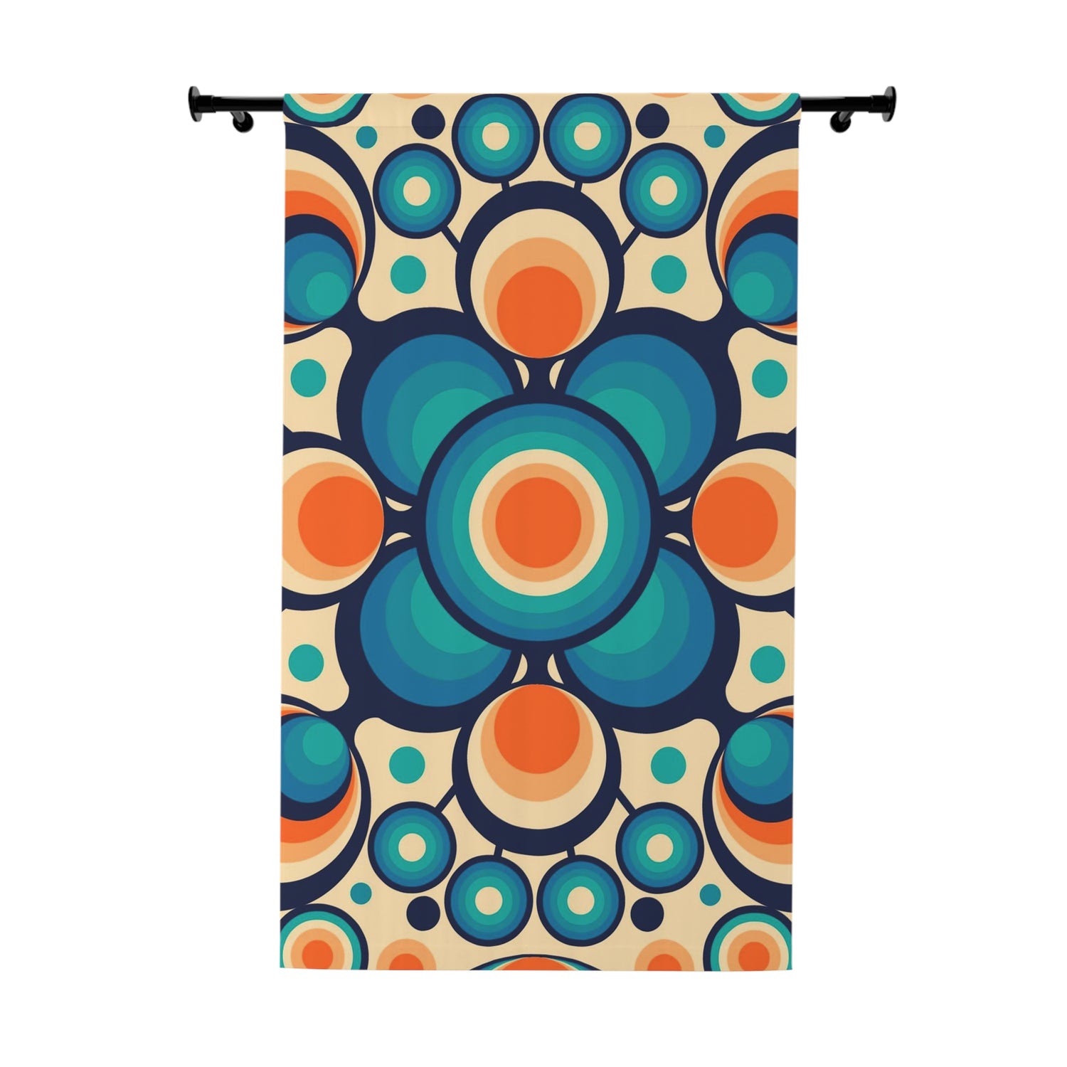Mid Century Modern Groovy Orbs, Orange, Blue Geometric Mid Mod Retro Window Curtains (1 Piece) - Mid Century Modern Gal