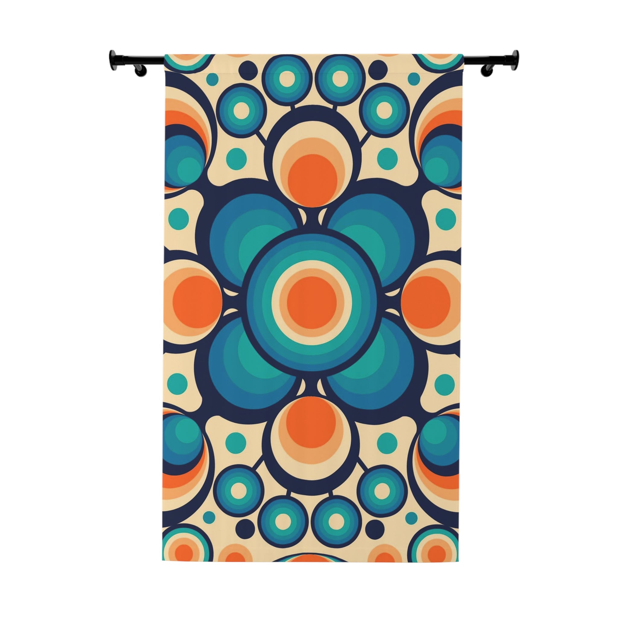 Mid Century Modern Groovy Orbs, Orange, Blue Geometric Mid Mod Retro Window Curtains (1 Piece) - Mid Century Modern Gal