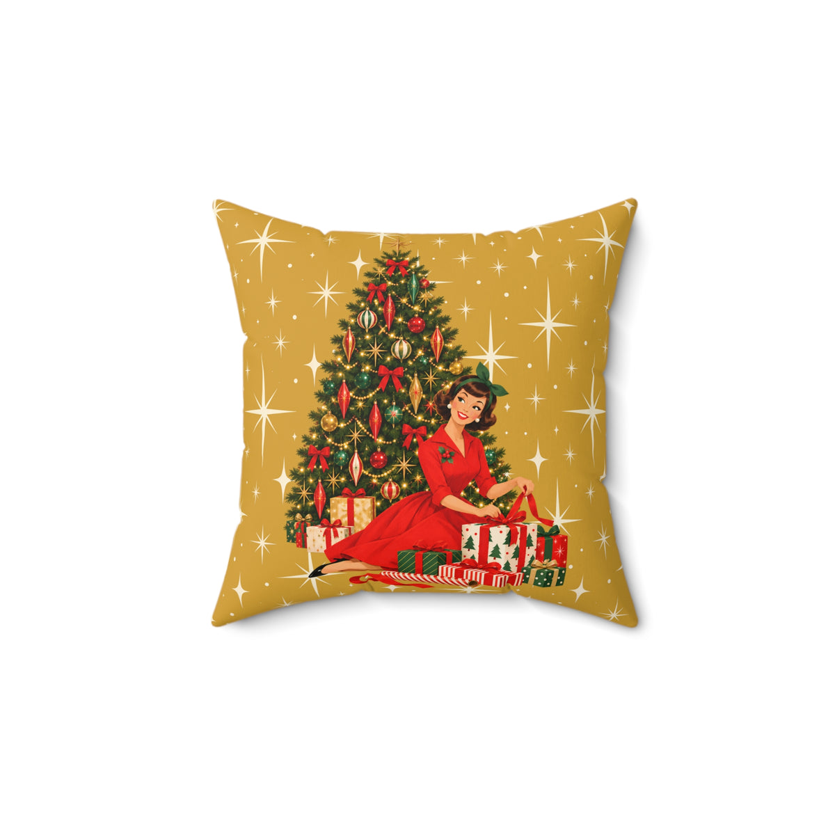 Mid Century Modern Christmas Glamour Gal Wrapping Presents by Tree, Gold Atomic Starbursts Pillow Cover and Insert - Mid Century Modern Gal