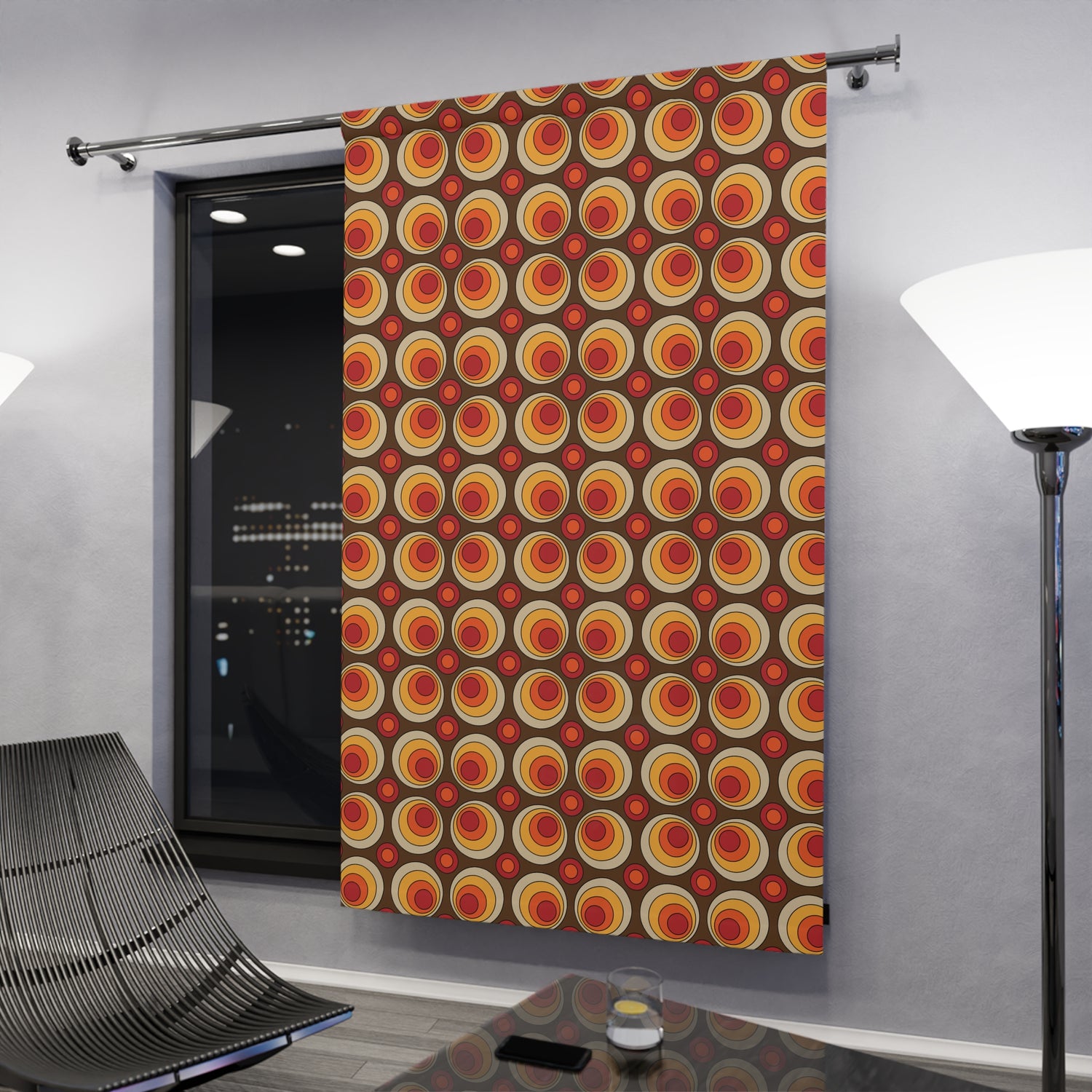 Groovy Retro 70s Space Orbs, Brown, Orange Yellow Mid Mod Window Curtains (1 Piece) - Mid Century Modern Gal