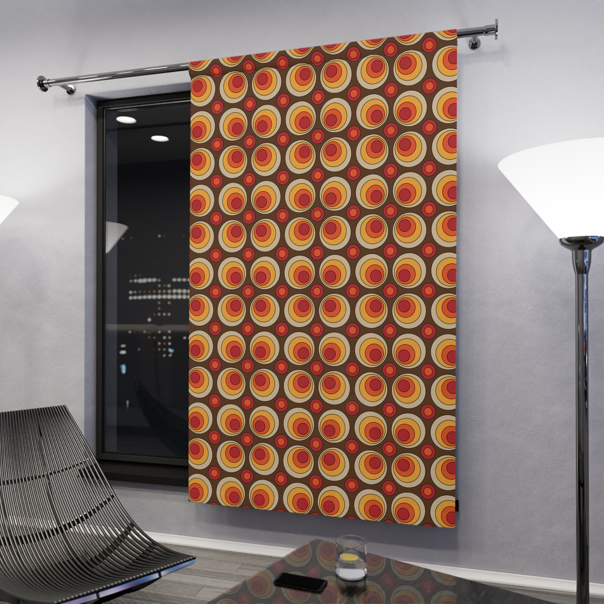 Groovy Retro 70s Space Orbs, Brown, Orange Yellow Mid Mod Window Curtains (1 Piece) - Mid Century Modern Gal