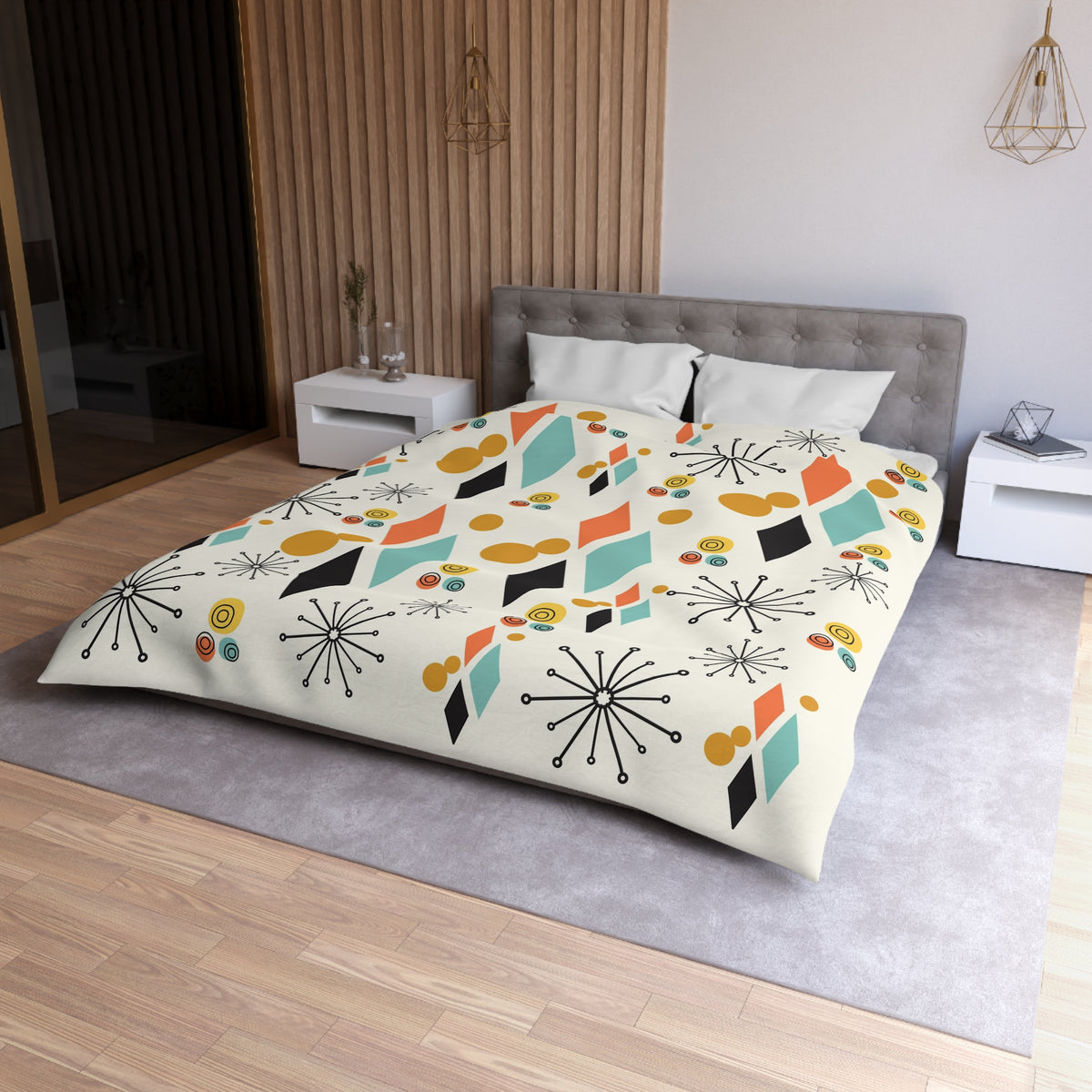 Mid Century Modern Bedding,  Atomic Diamond, Sputnik,Beige, Aqua, Coral,Mustard Yellow, Retro Mod Duvet Covers - Mid Century Modern Gal