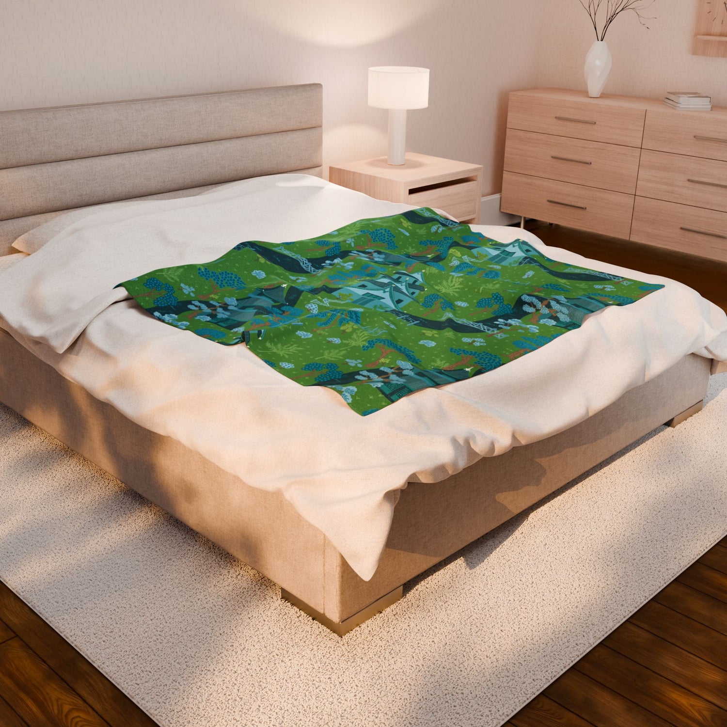 Chinoiserie Throw Blanket, Green, Blue Serene Garden Velveteen Plush Blanket - Cozy Floral Design - Mid Century Modern Gal
