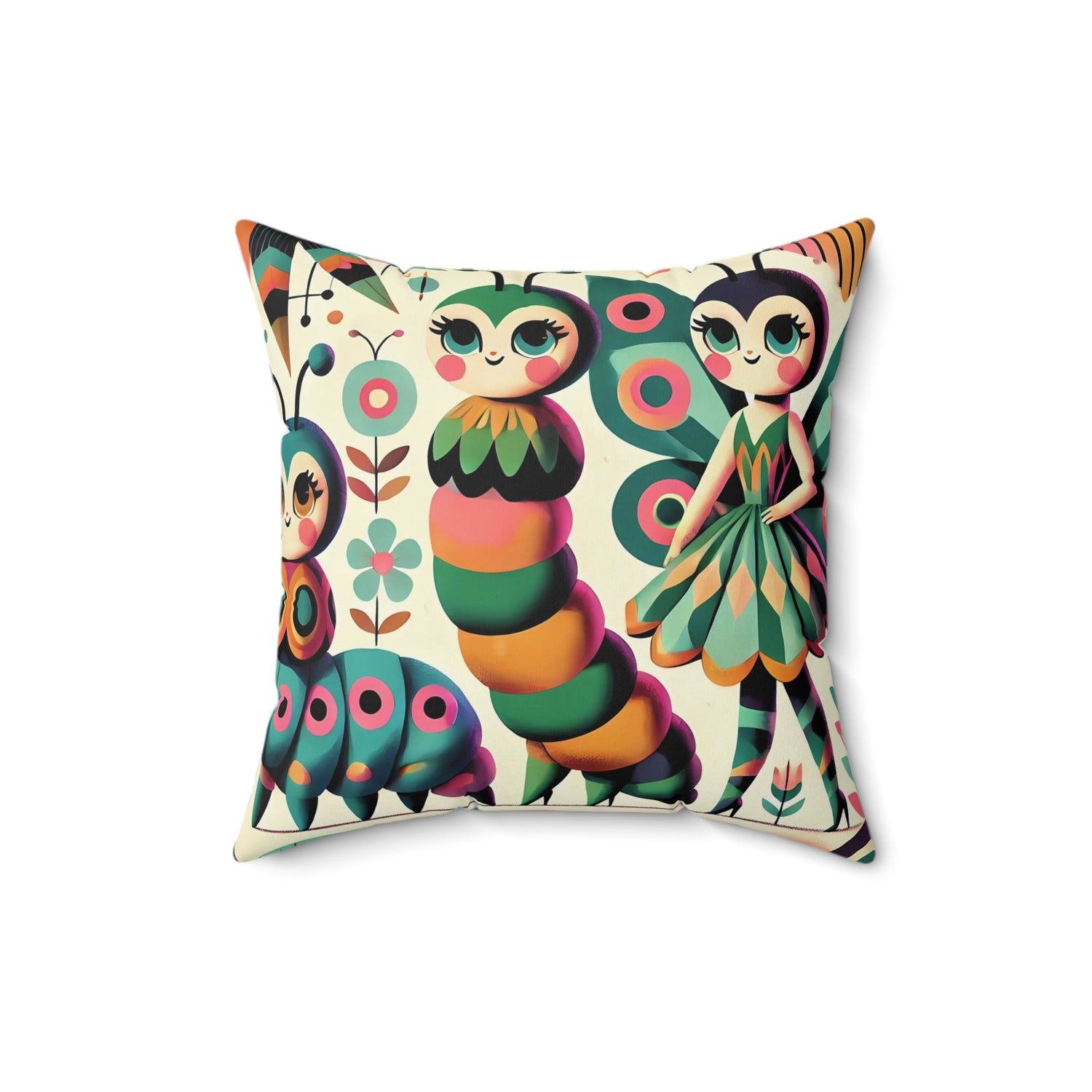 Anthropomorphic Catepillar Pixie Whimsical Butterfly Garden Pillow 60s Vibe