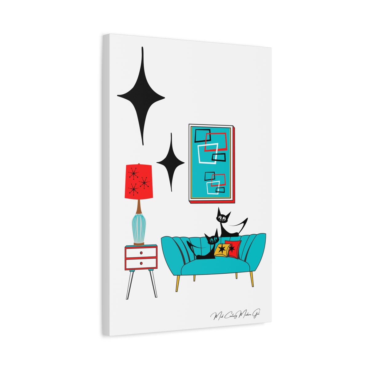 Mid Century Modern Wall Art, Atomic Cat Living Room Retro. Teal Blue, Red, Black Canvas Art - Mid Century Modern Gal