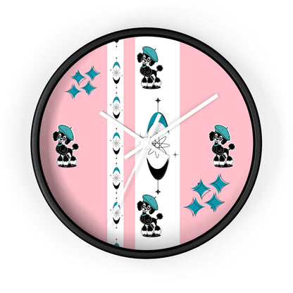 Mid Century Modern Atomic Pink Starburst Wall Clock with Cute Retro Mod Poodle Design - Mid Century Modern Gal