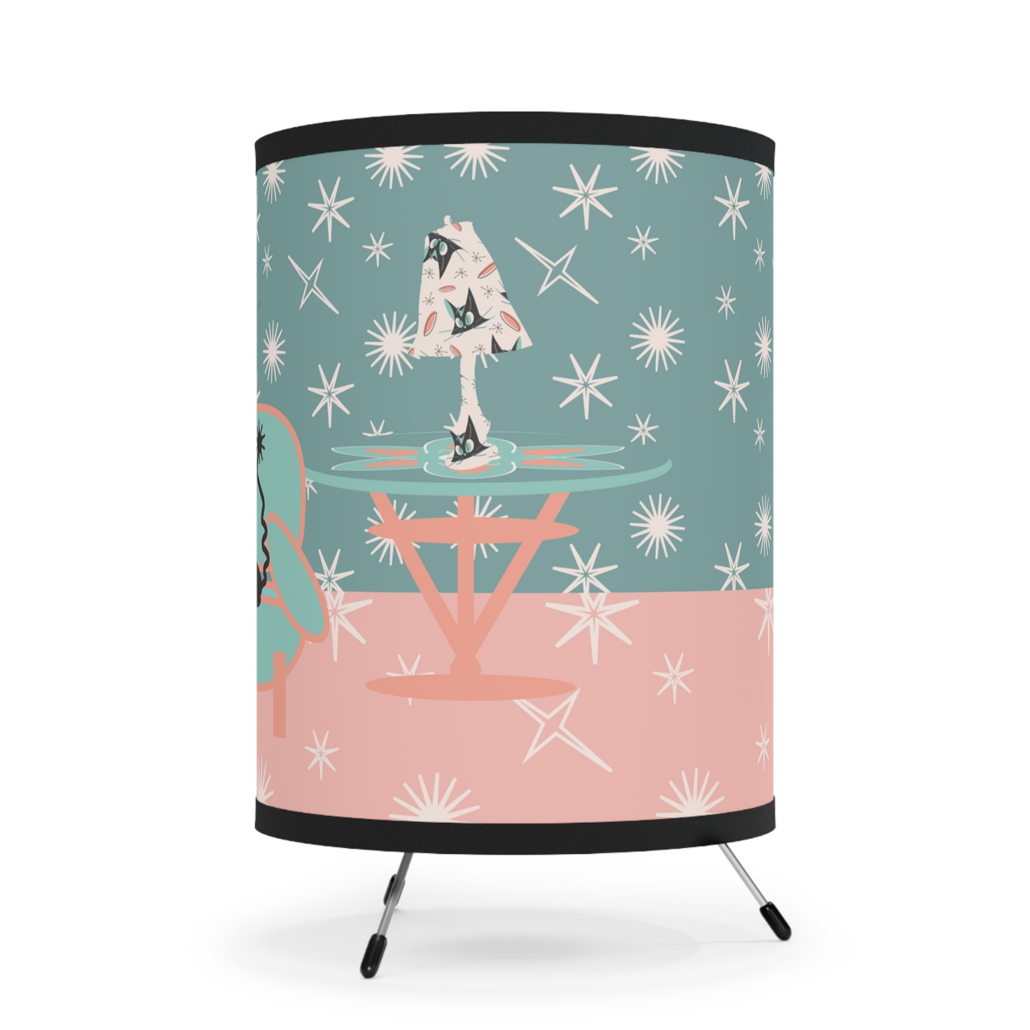 Atomic Cat Tripod Lamp, Pink, Aqua Starbursts, Mid Century Modern Kitschy Cats, Fun Side Table Lamp