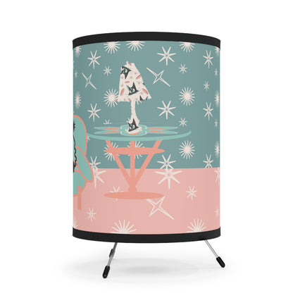 Atomic Cat Tripod Lamp, Pink, Aqua Starbursts, Mid Century Modern Kitschy Cats, Fun Side Table Lamp