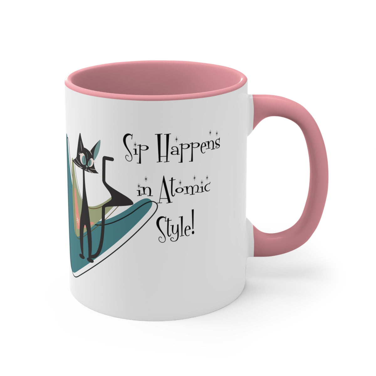 Atomic Cat, Mid Century Modern Drinkware, Coffee Mug, Sip Happens, Retro Boomerang, Kitschy Funny Coffee Lover Gifts - Mid Century Modern Gal