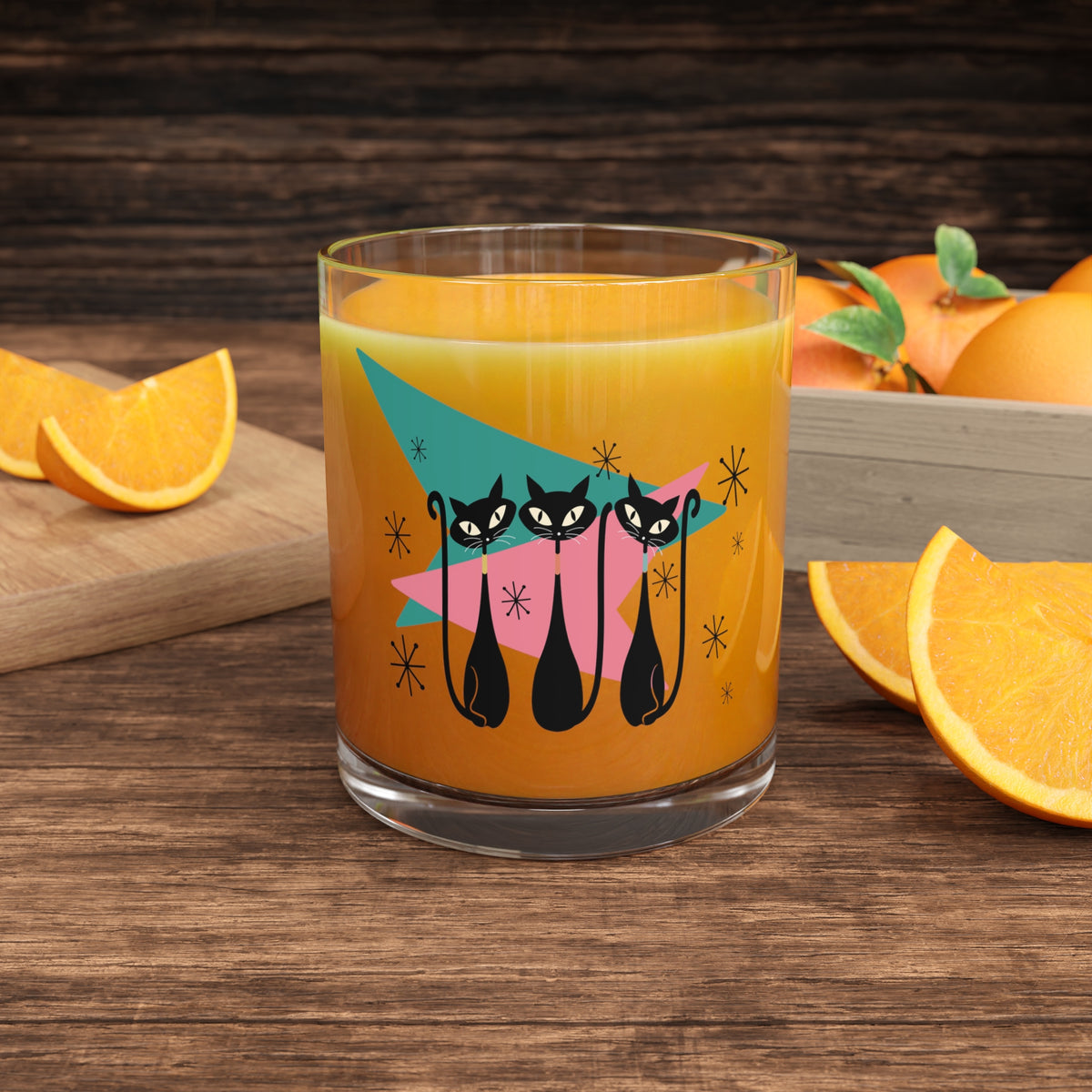 50s Atomic Cats, Kitschy Mid Century Modern Glass, Pink, Teal, Starbursts Bourbon, Gin, MCM Party DrinkwareBar Glass - Mid Century Modern Gal