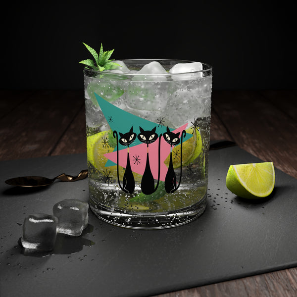 50s Atomic Cats, Kitschy Mid Century Modern Glass, Pink, Teal, Starbursts Bourbon, Gin, MCM Party Drinkware Bar Glass