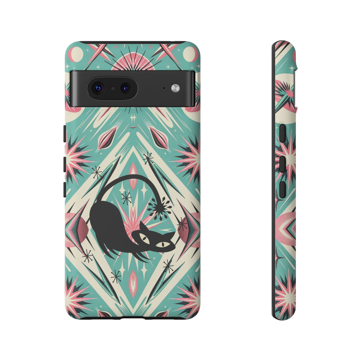 Atomic Cat, Mid Century Modern Aqua Blue, Pink, Starbursts Tough Phone Case