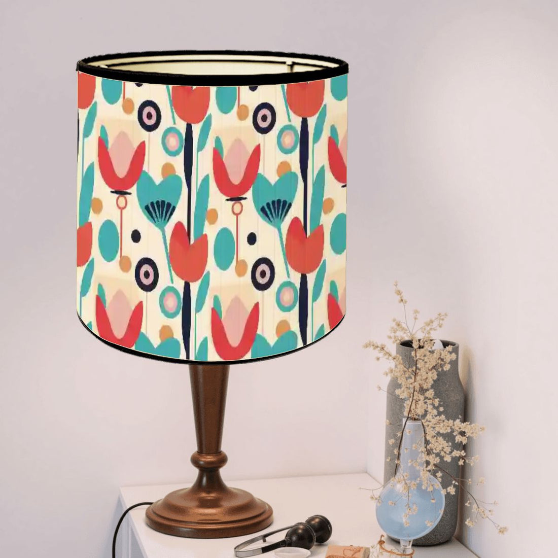 Retro Scandinavian Floral Mid Mod Bamboo Drum Lampshade - Mid Century Modern Gal