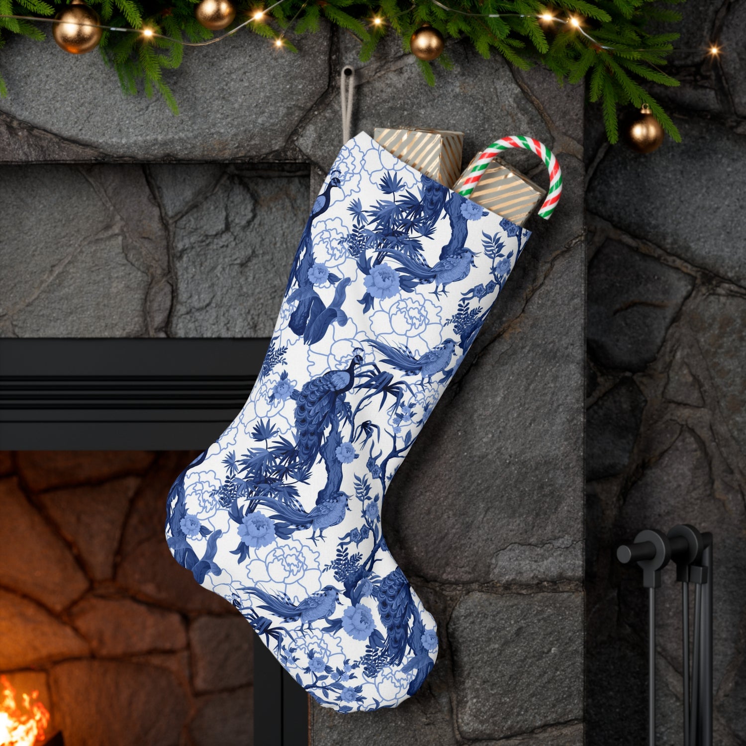 Chinoiserie Christmas Stocking , Blue, White Willow, Peacock, Floral Flourishes, Chinoiserie Holiday Collection