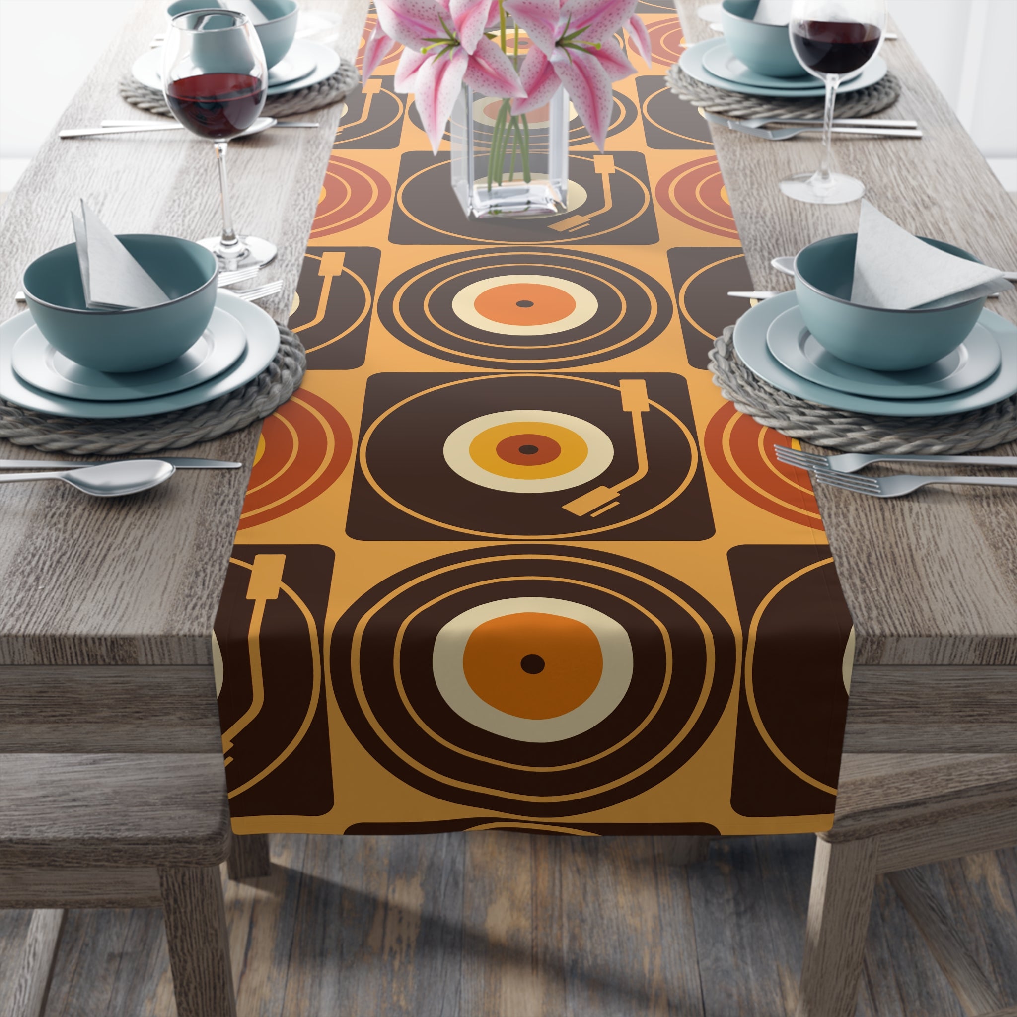 Groovy Retro Record Players, Brown Orange Yellow, Table Runner - Mid Century Modern Gal