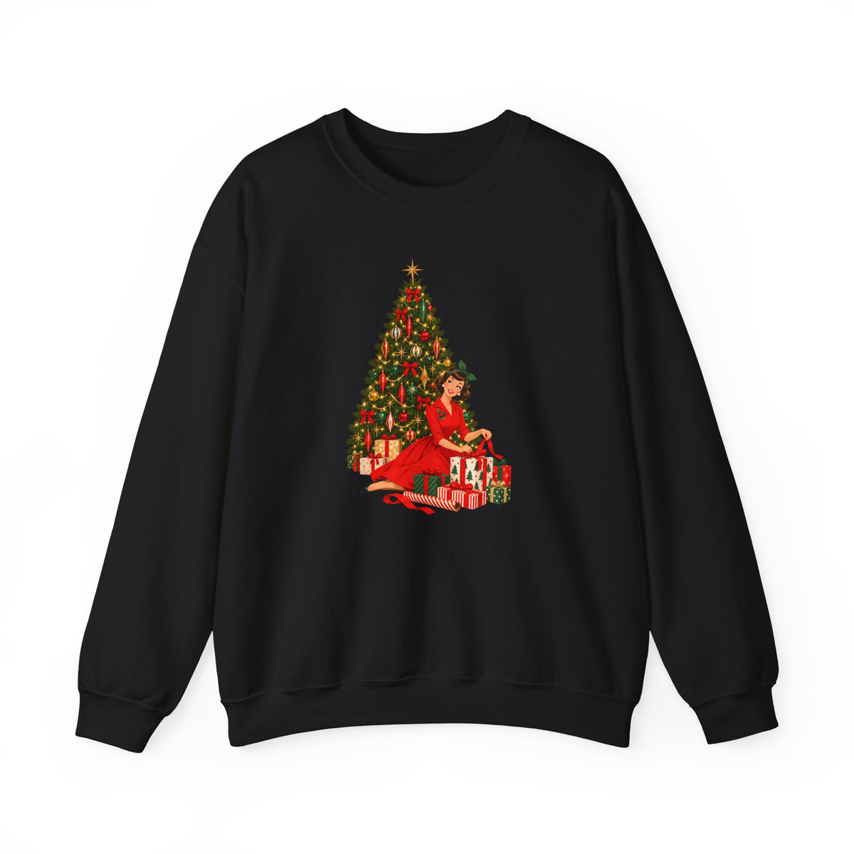Mid Century Modern Christmas Glamour Gal Wrapping Presents by Tree Unisex Heavy Blend™ Crewneck Sweatshirt - Mid Century Modern Gal