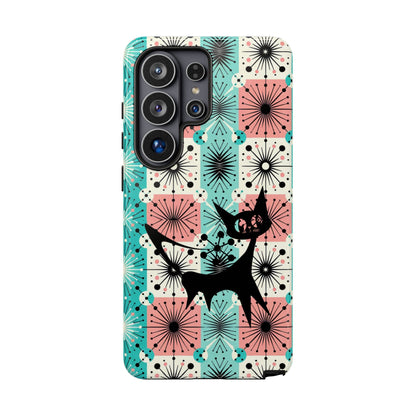 Atomic Kitschy Cat, Mid Century Modern Pink, Aqua Starbursts Tough Phone Case