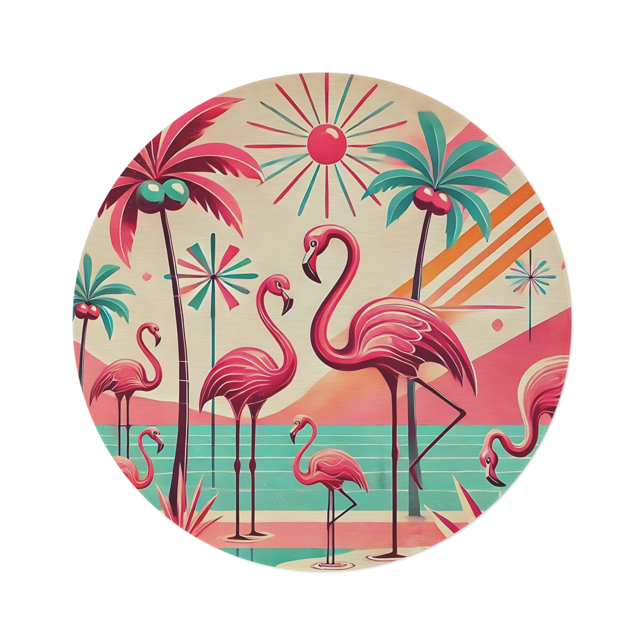 Pink Flamingo Mid Mod Retro Kitschy Round Rug