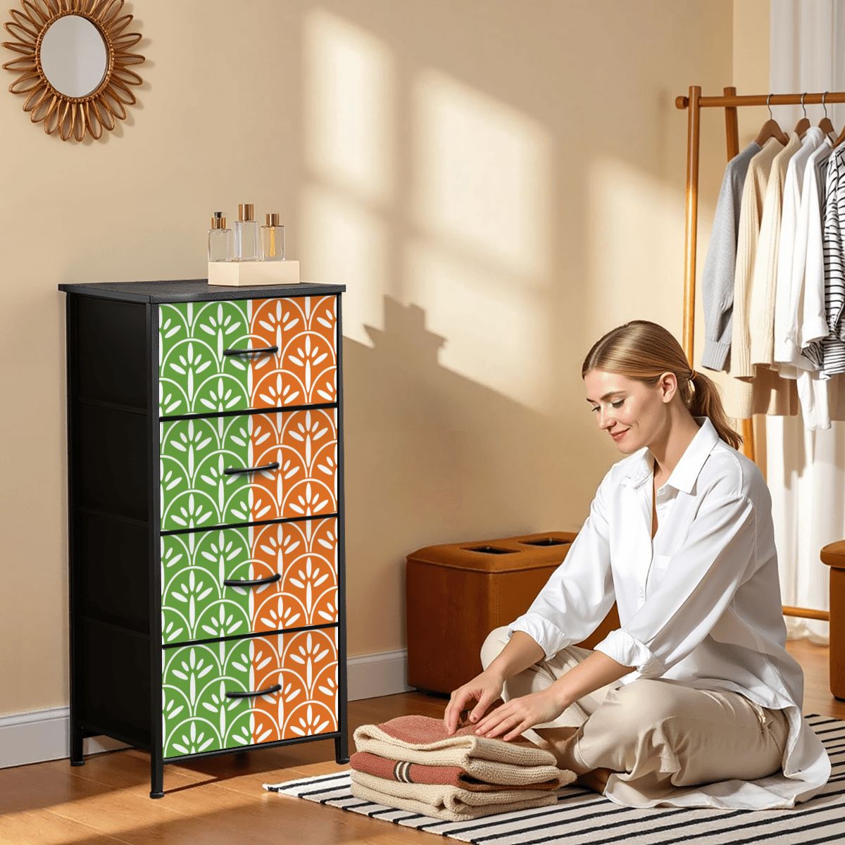 Art Deco Modern Green Grass and Tangerine Orange Stylish &amp; Functional 4-Drawer Dresser - Mid Century Modern Gal
