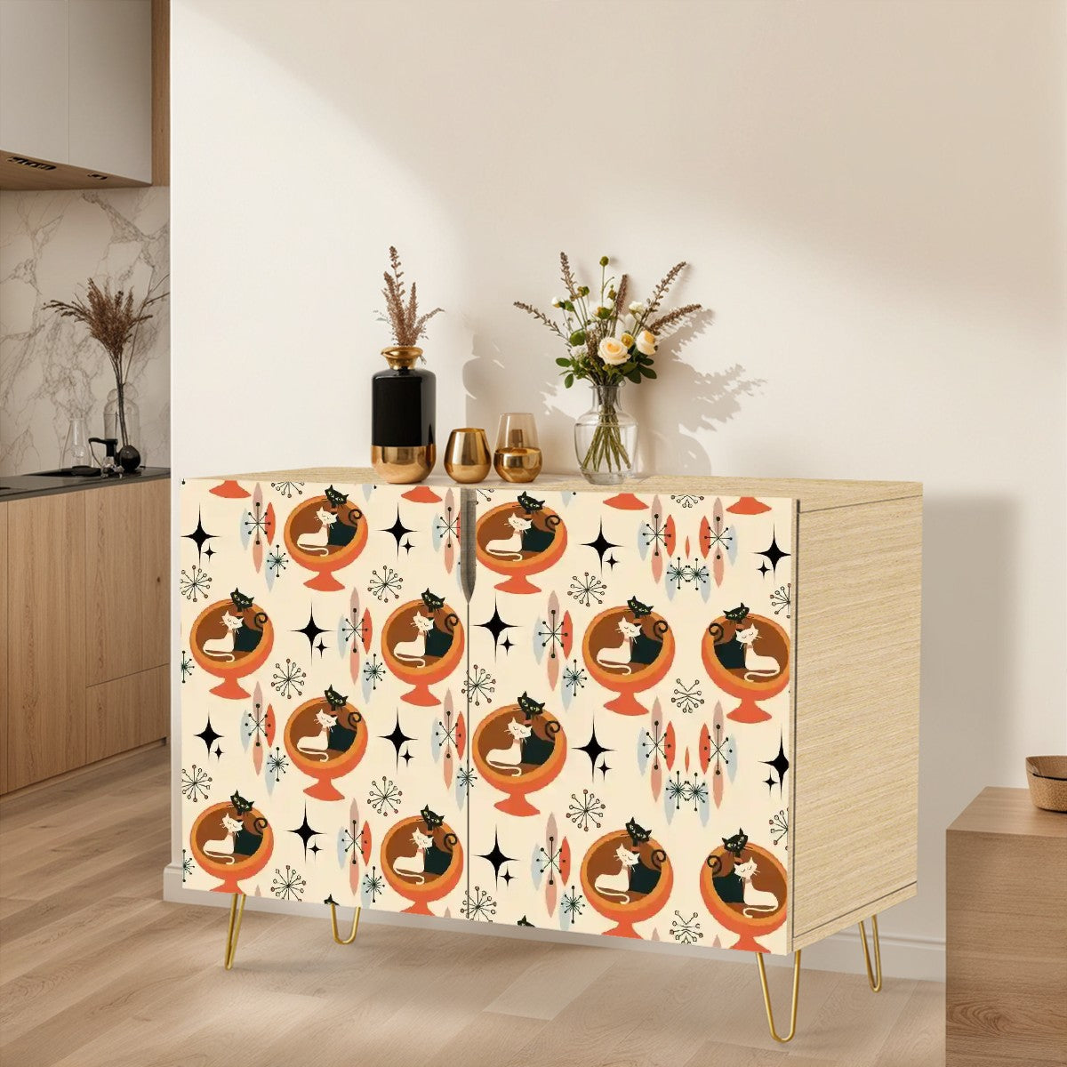 Atomic Cat Mid Centuury Modern Kitschy Mod Wooden Storage Cabinet - Mid Century Modern Gal